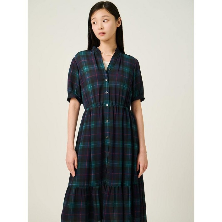 국내백화점 빈폴 원피스 오버핏 타탄체크 폴리 쉬폰 네이비