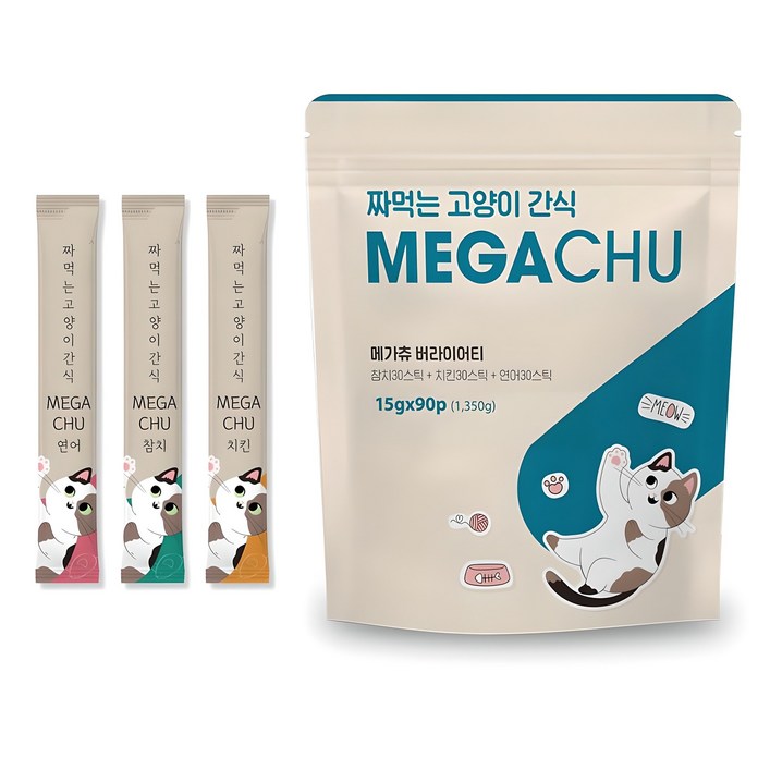 메가츄 짜먹는 츄르 고양이간식 90스틱 대용량, 2개, 연어치킨참치, 15g, 180개