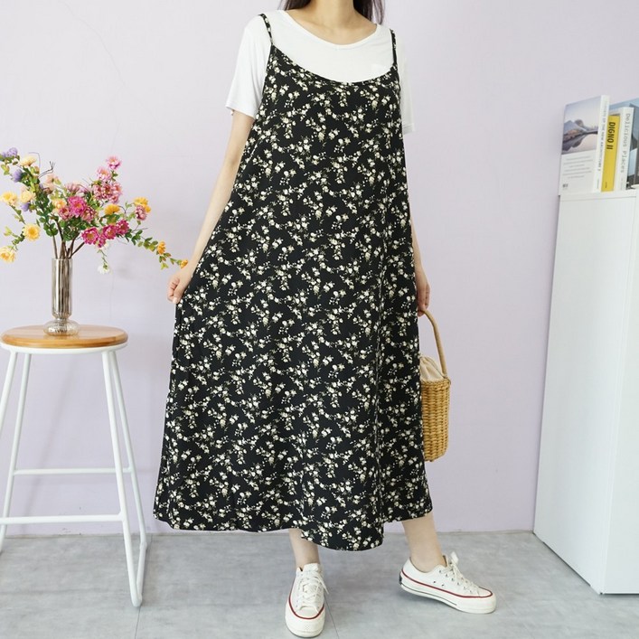 빅걸스토리 여성 빅사이즈 꽃나염 여유핏 뷔스티에 끈 롱원피스 봄여름가을용