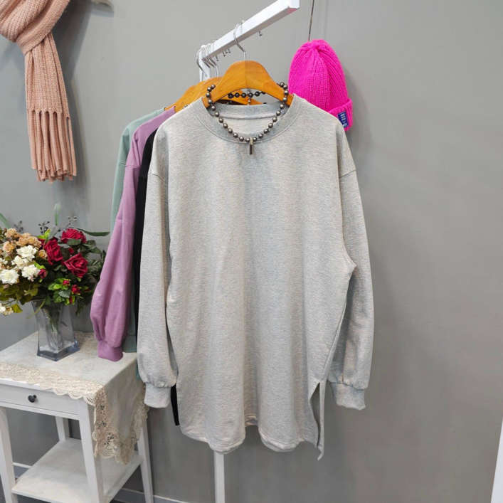 여성용 면100% 긴팔 무지 밑단트임 라운드넥 박시핏 롱티셔츠