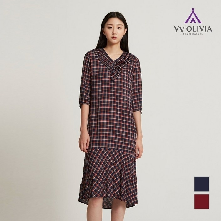올리비아로렌 비비올리비아 체크 프릴 롱 원피스 VVCOAWF7221
