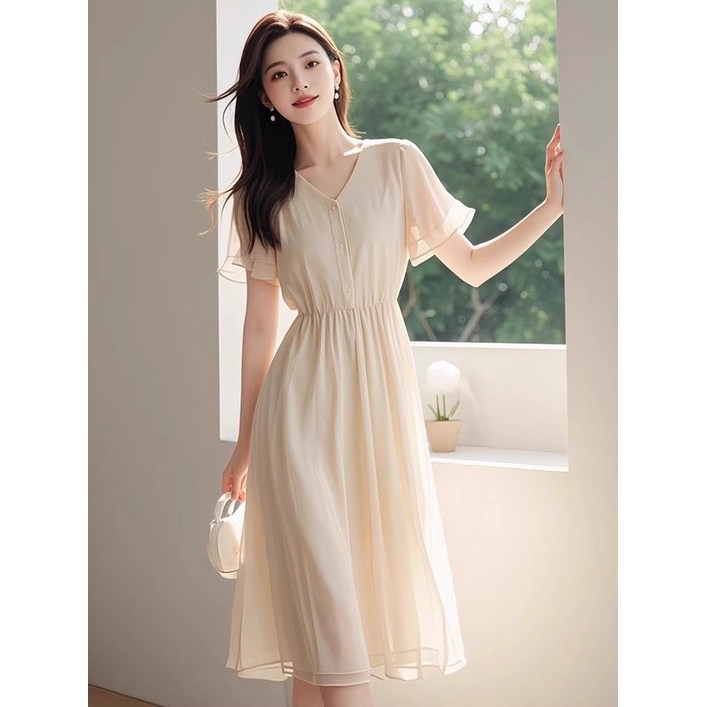 여성 심플한 쉬폰 반팔 롱 원피스