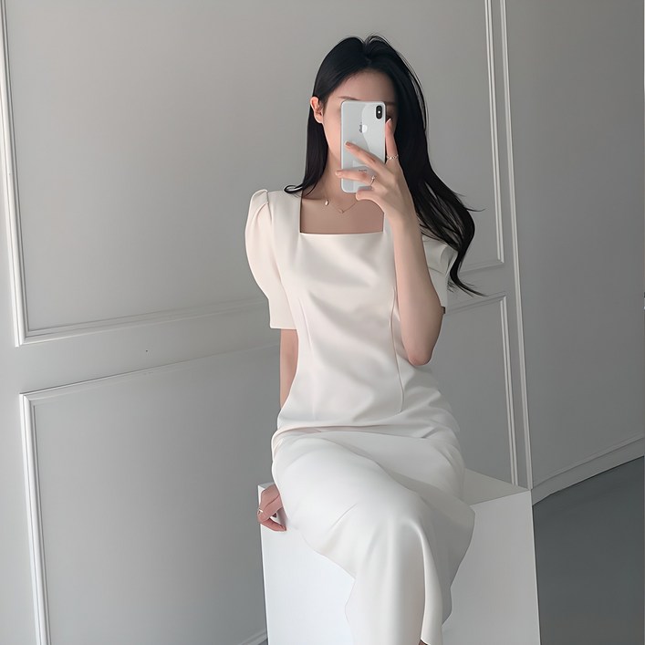 예쁨시전 웨딩룩 스퀘어넥 어깨퍼프 반팔 핀턱 롱 원피스 예쁨시전 웨딩룩 스퀘어넥 어깨퍼프 반팔 핀턱 롱 원피스