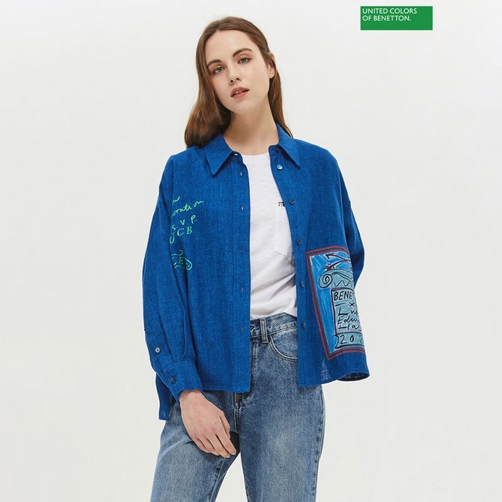 베네통 린넨 프린트 포인트 셔츠 BABLB1511