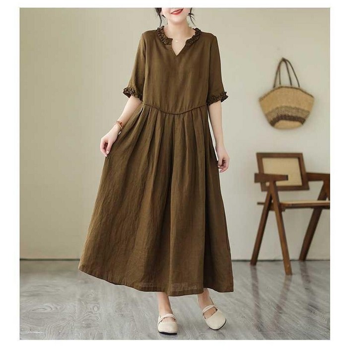 POMTOR40대 여성용 여름 린넨 빅사이즈 V넥 롱 원피스