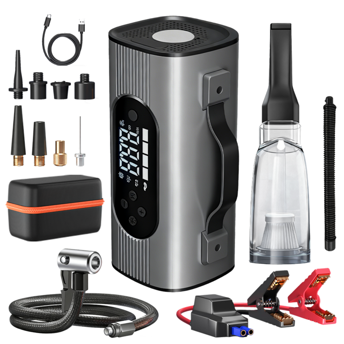 SOVI8합1 타이어 공기압 주입기 점프스타터 차량용청소기 진공 펌프 경광등 점프선 LED 보조배터리 축구공 바람 주입기 자전거 바람 주입기, 1개