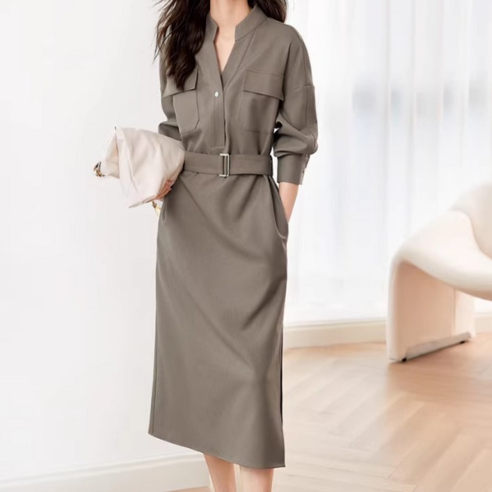 에버리씽 여성 카라넥 슬림핏 벨트 롱 셔츠 원피스 Q326