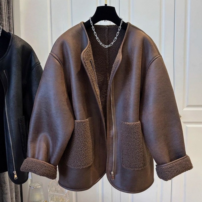 unique 여성 데일리 무스탕 집업 자켓 루즈핏 스웨이드 숏 코트 라운드넥 아우터 빅사이즈