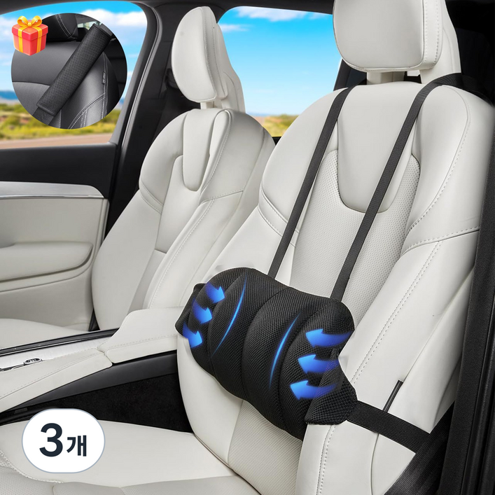 kemei 메모리폼 허리 등 쿠션 인체공학 어깨끈 조절 사무실 차량 겸용, 블랙, 3개