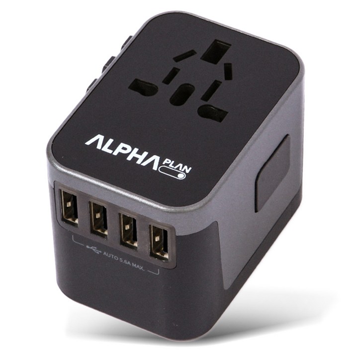 알파플랜 USB 4포트 C타입 1포트 올인원 해외 여행용 멀티 어댑터 블랙  그레이 JY305B, 1개