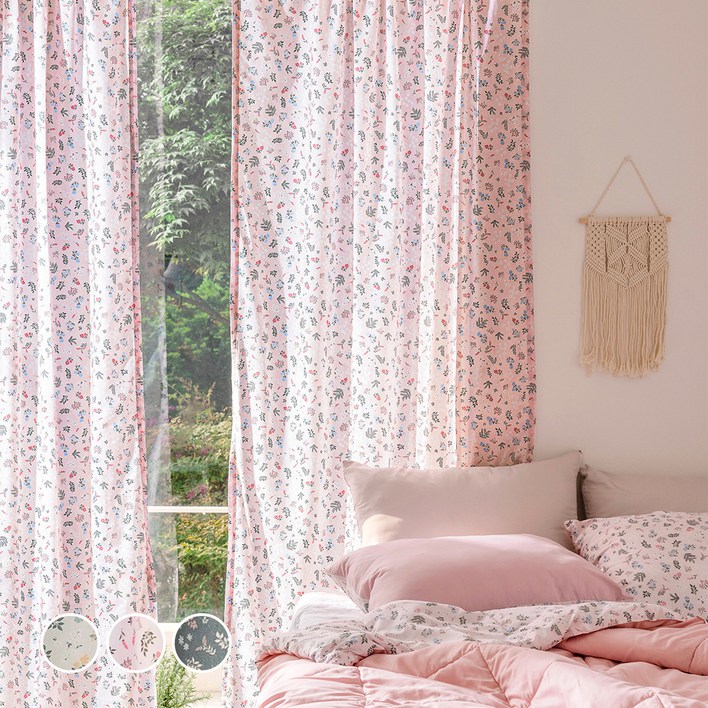 레트로 플라워 포인트 가리개 커튼 2p + 끈 2p + 핀 20p