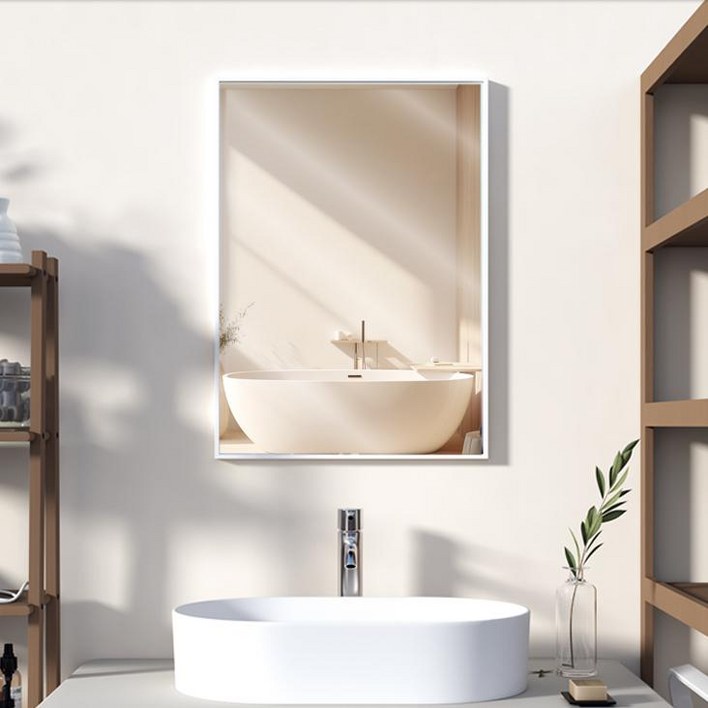 뷰티피크 사각형 화장대 강화안전유리 욕실 거울 610 x 910 mm, 화이트