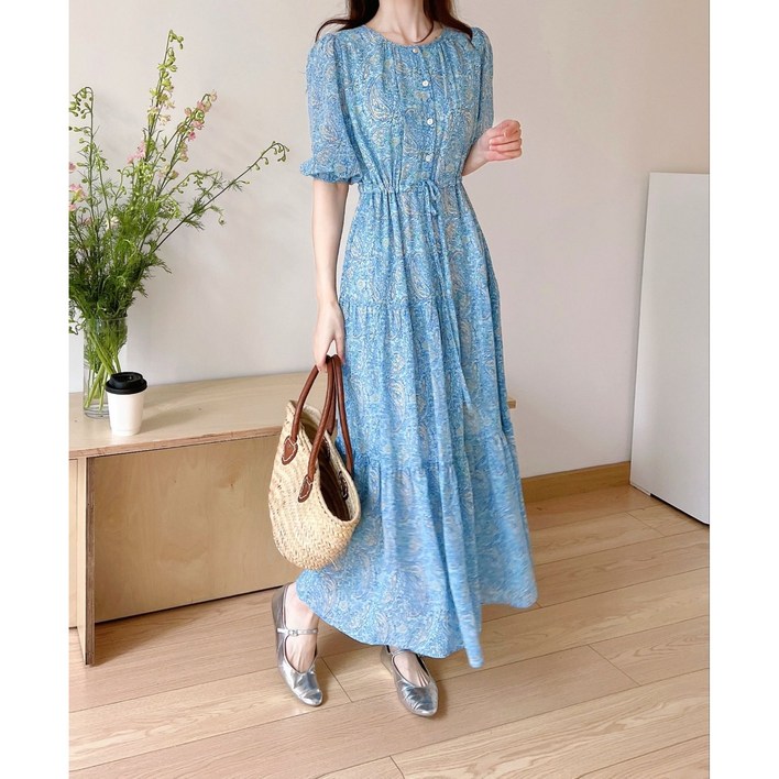 CD 페이즐리 패턴 쉬폰 둥근넥 단추 반소매 허리끈 조임 롱 미디 여성 원피스