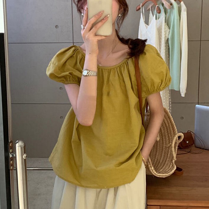 베이직 라운드 퍼프 반팔 티셔츠 퍼프소매 반팔 티셔츠  라운드넥 베이직핏 여성용 데일리템