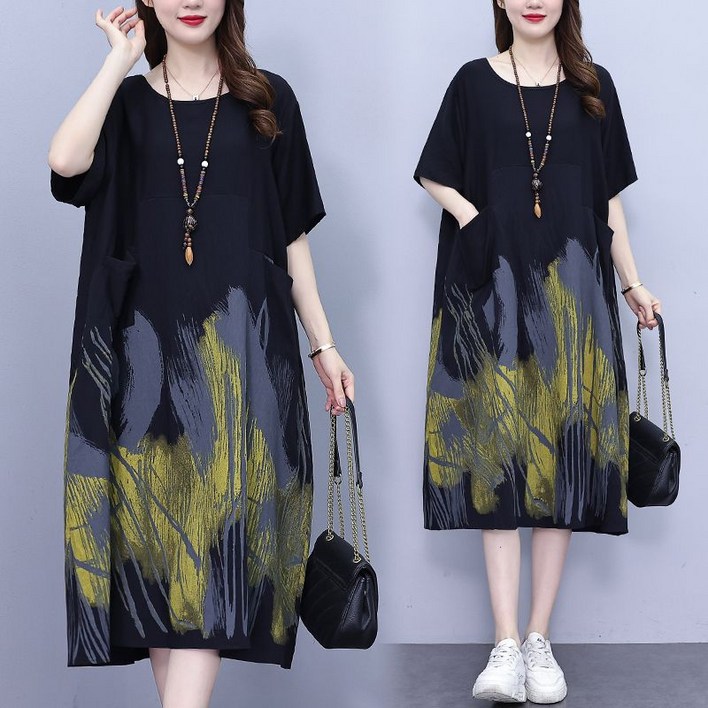 빅사이즈 시원한 오버핏 중년원피스 50대60대 여름 프린팅 라운드 롱원피스 엄마옷