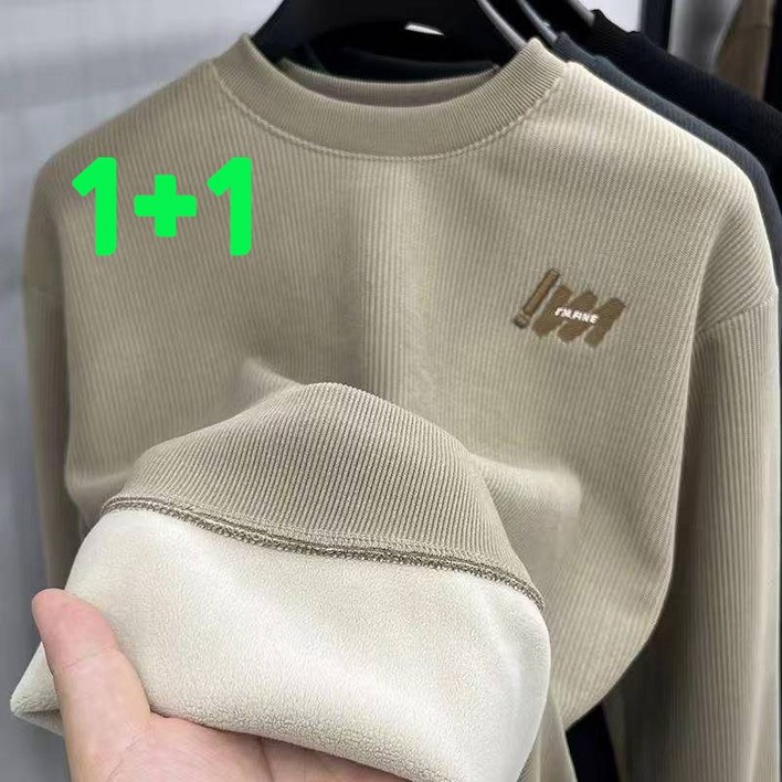 JUSTFEELING 기모 맨투맨 1+1/2벌 남성 두꺼운 보온 긴팔맨투맨 레터링 라운드넥 긴팔티셔츠 루즈핏 바람막이 보온 상의 가을겨울 보온 티셔츠
