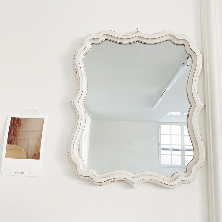 빈티지 프렌치 쉐비 화이트 엔틱 벽걸이 거울 우드 카페 화장대 매장 인테리어 (A)32X39, 화이트
