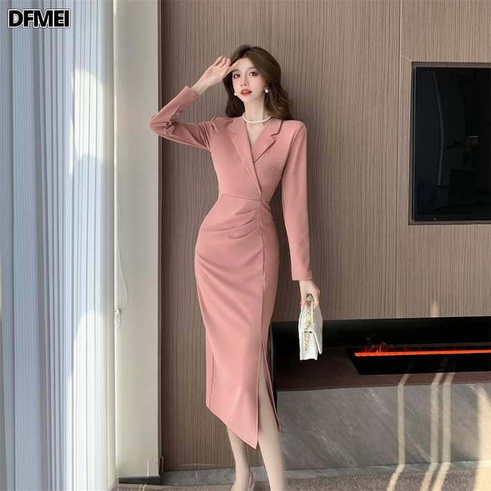 비비에모 프렌치 카라 슬림핏 트임 원피스 06327