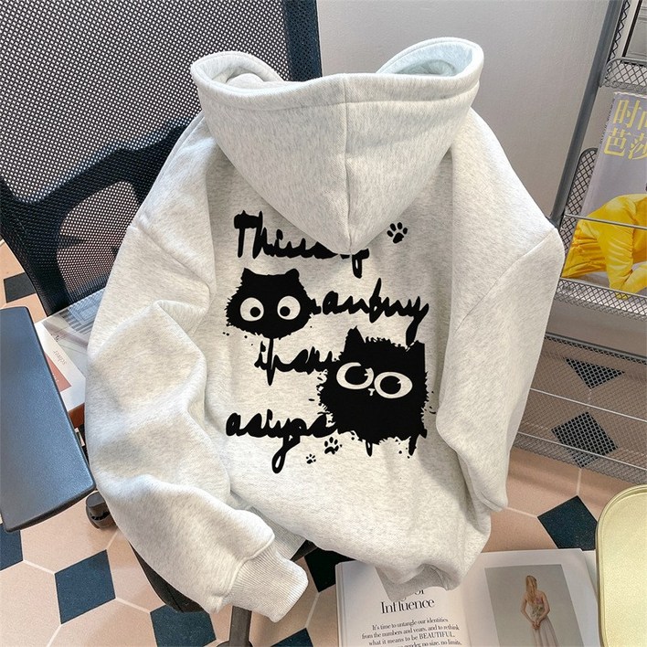 ZAJA남녀공용 프린트 후드 티셔츠 루즈핏 후드티  커플 캐주얼 기모 도톰한 상의