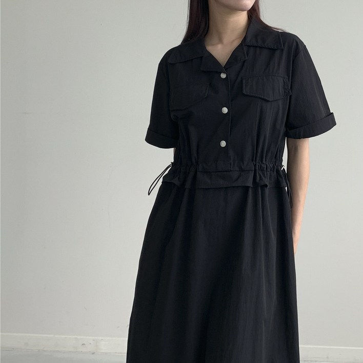 행복여 아르페 플랩 허리 스트링 오픈 카라 플레어 원피스