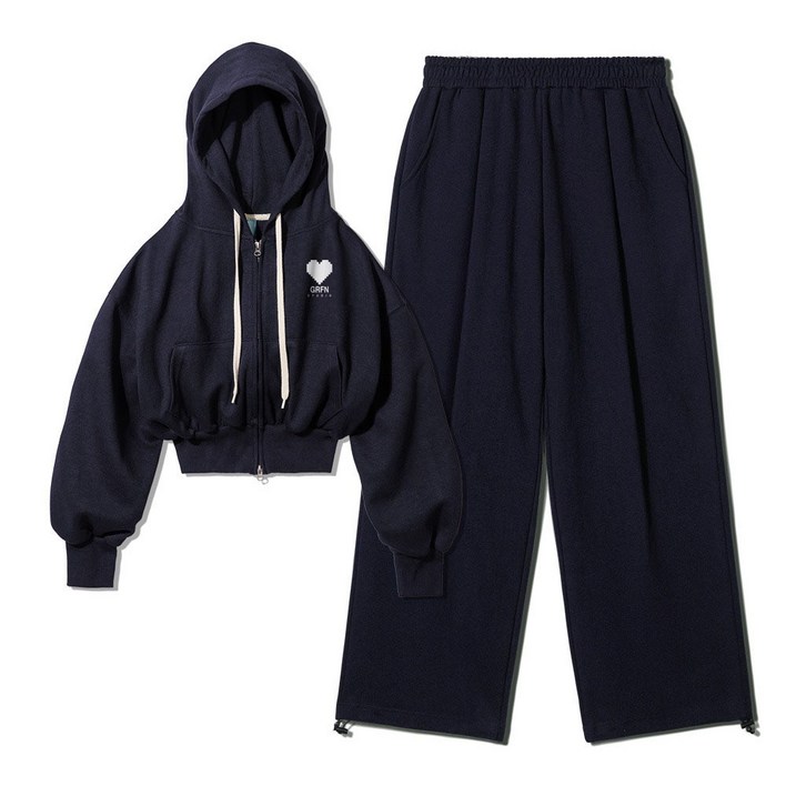 오버핏 특양면 기모 GRFN 크롭 후드 집업  원턱 스트링 트레이닝 팬츠 셋업 네이비