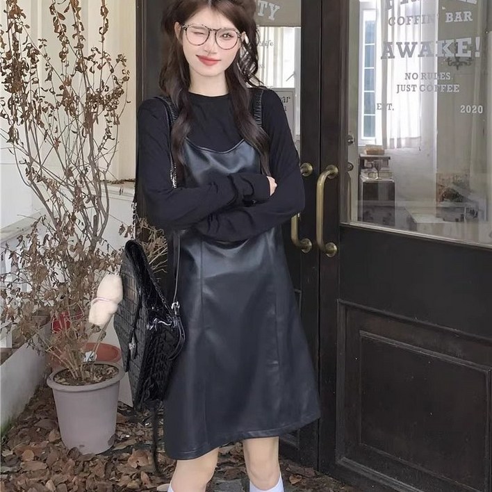 FANSYLI 가을 겨울 신상 가죽 원피스 학생 패션 루즈핏 나시 원피스 여자 고급 통근 원피스 X2408A13