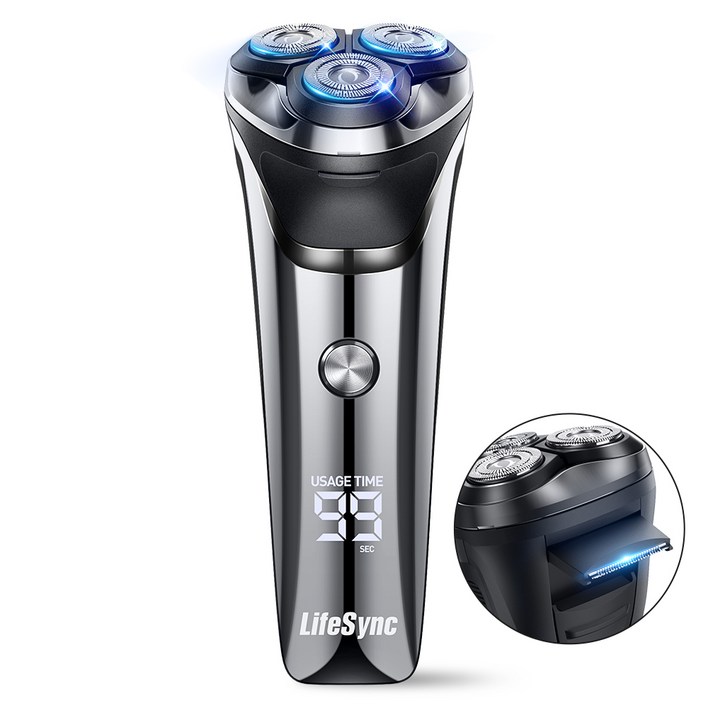 LifeSync 전기면도기 남성용 수염 100 분 연속 가동 회전식 27 매 칼날 360회전 헤드 건습 겸용 USB 충전 IPX7 방수 물 세척 가능 잠금 기능 LCD 잔량 표시, 실버 LifeSync 전기면도기 남성용 수염 100 분 연속 가동 회전식 27 매 칼날 360회전 헤드 건습 겸용 USB 충전 IPX7 방수 물 세척 가능 잠금 기능 LCD 잔량 표시, 실버
