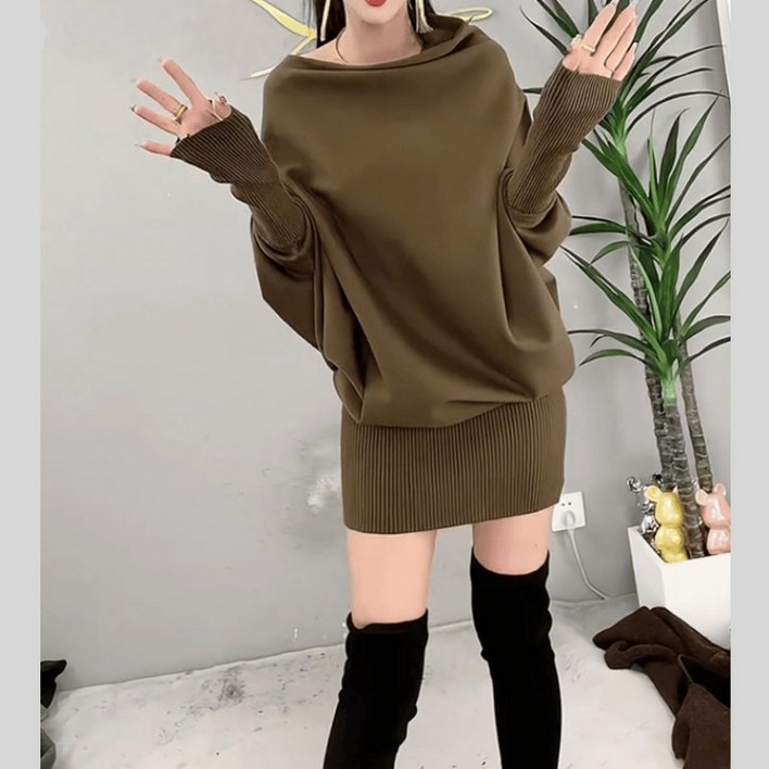 여자 라운드넥 둥근넥 가오리핏 루즈핏 체형커버 니트 숏 짧은 원피스 스커트 셔츠