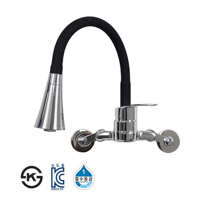 아바스 국산 KS인증 투홀 벽붙이 수도꼭지 블랙 자바라 싱크대수도꼭지 주방수전, 1개