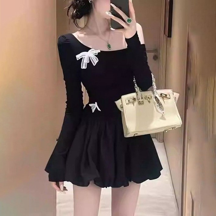 TKX 여성용 봄가을 미니 플레어 드레스 패션 리본 장식 슬림핏 귀여운 일상룩