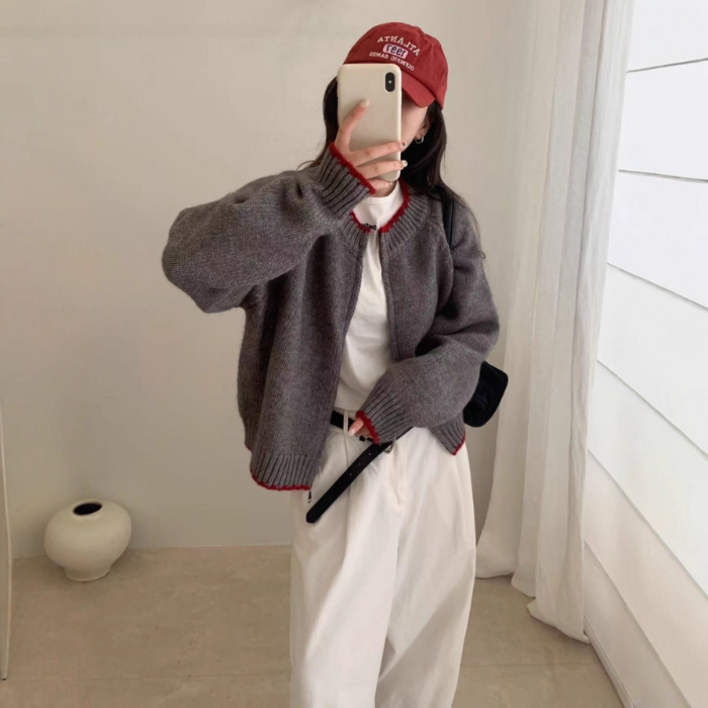 [엘라브] 스위트프레시 컬러배색 루즈핏 여성 니트 가디건