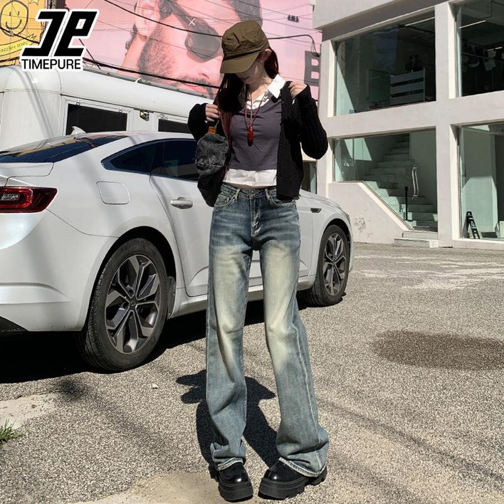TIMEPURE 여성 빈티지 워싱 슬림 일자 데님 팬츠 하이웨이스트