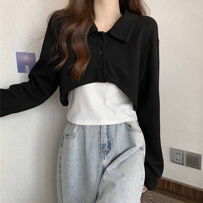 AOKADA 여성 레이어드 카라 긴팔 맨투맨 민소매 티셔츠 투피스 세트