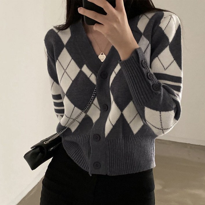 cammello 아가일 패턴 크롭 기장 니트 가디건