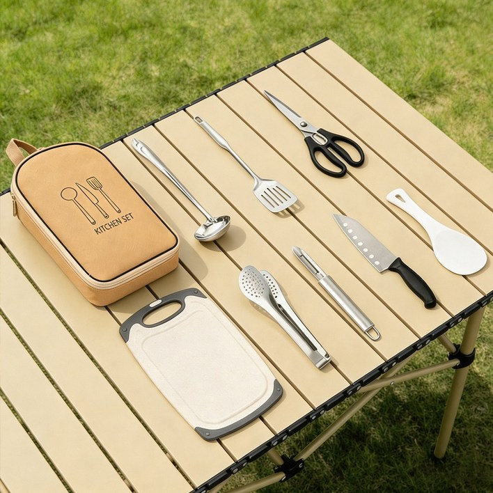 C.partner 다기능 캠핑 주방 도구 세트 9개 구성, 1세트, 카키색 옷감