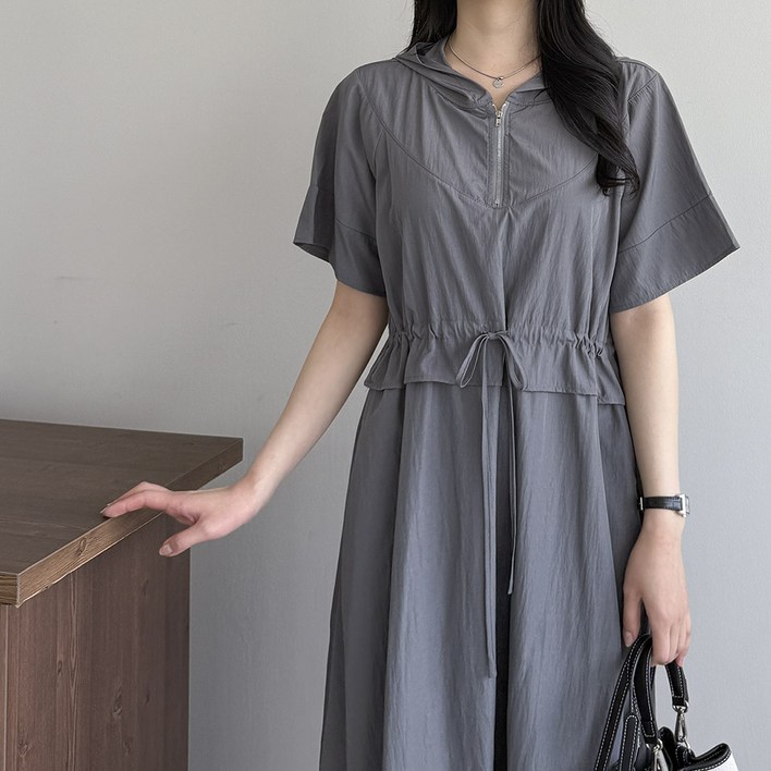 행복여 샤블 허리 스트링 집업 아노락 플레어 반팔 후드 원피스