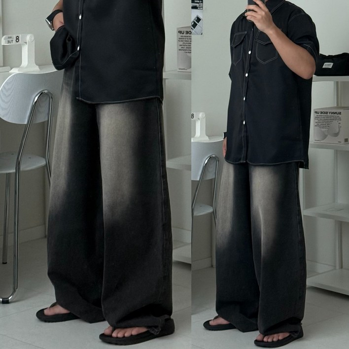 워싱 와이드 데님팬츠 하체커버 빅사이즈 벌룬 청바지 사계절 코튼 빈티지