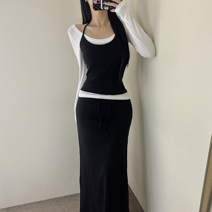 VANANA2 국내생산 홀터넥 긴팔티 레이어드세트