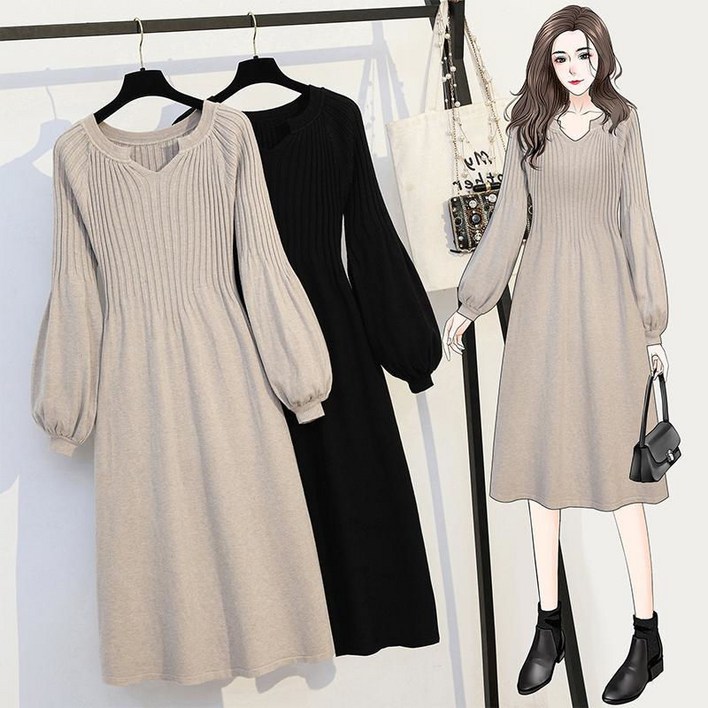 간절기 스퀘어넥 니트원피스 베이직 여성 결혼식 하객룩 빅사이즈 세미 스웨터