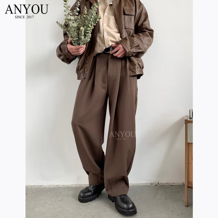 ANYOU 남성 와이드 슬랙스 투턱 와이드핏 정장 바지 봄가을 루즈핏 스트레이트 캐주얼 팬츠