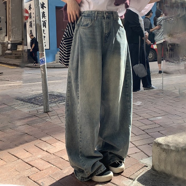 앤샵 롱,숏 기장선택빅사이즈2XL 여성용 트베리 워싱빈티지 벌룬 사이드절개 와이드 데님 청바지4color
