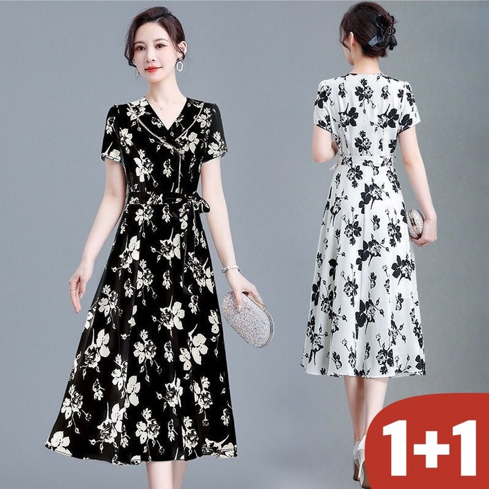 25년 신상 11 빅사이즈 여성 카라 사이드 스트링 허리꼬임 플라워 비대칭 반팔 원피스 여름 편한 프렌치 스타일 부드러운 시원한 중년여성 a라인 스커트 해변 휴양지 원피스