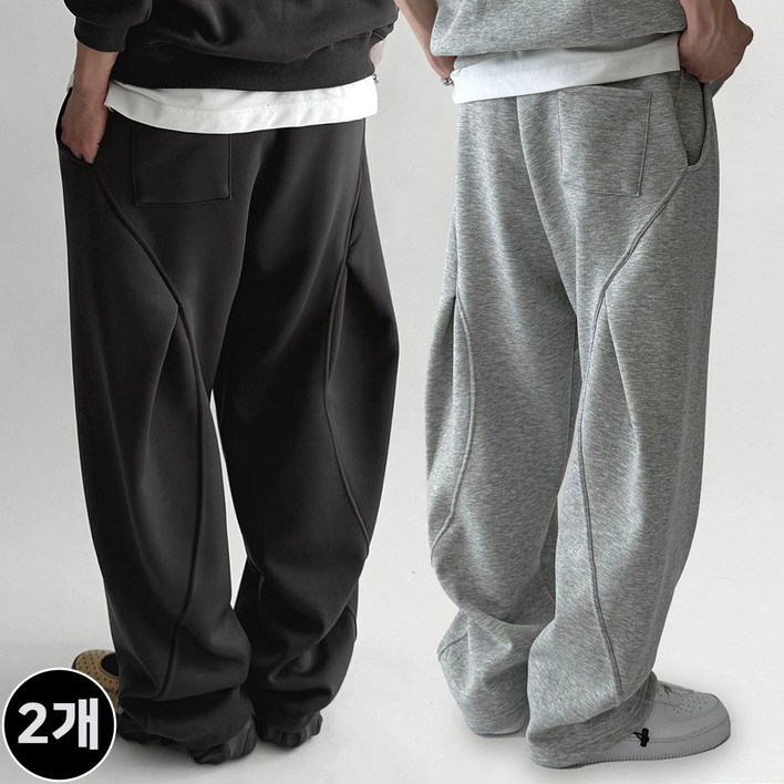 2장묶음 빠델 백 커브 절개 핀턱 벌룬 와이드 트레이닝 스웻 커브드 팬츠 회색 트레이닝팬츠