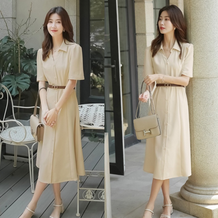와이와이(YY) 카라넥 정장원피스 벨트 세트 여성 여름 원피스