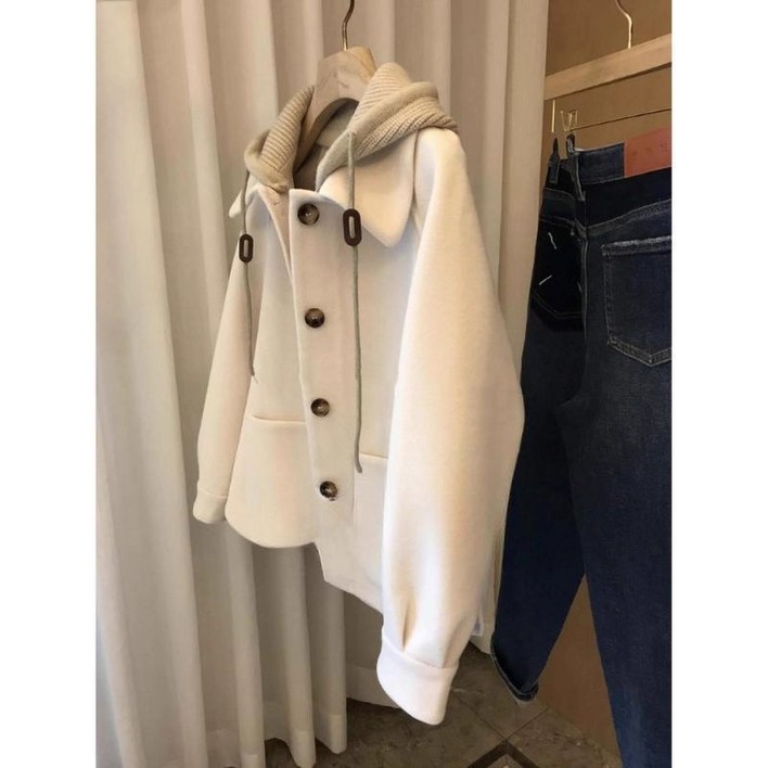 ANYOU 니트 후드 모직 코트 여 가을 겨울 신상 도톰 코트