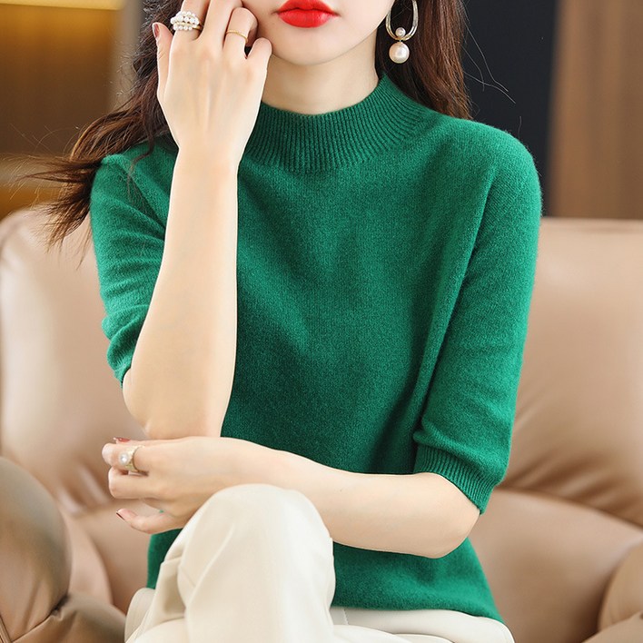별하늘 여성 기본티 반폴라 라운드티 반목 베이직 니트티 반팔티셔츠