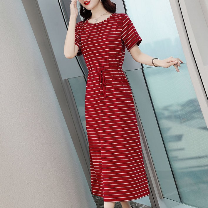 쩐쿠 여성 라운드 캐주얼 스트라이프 밴딩 롱 원피스 K0170