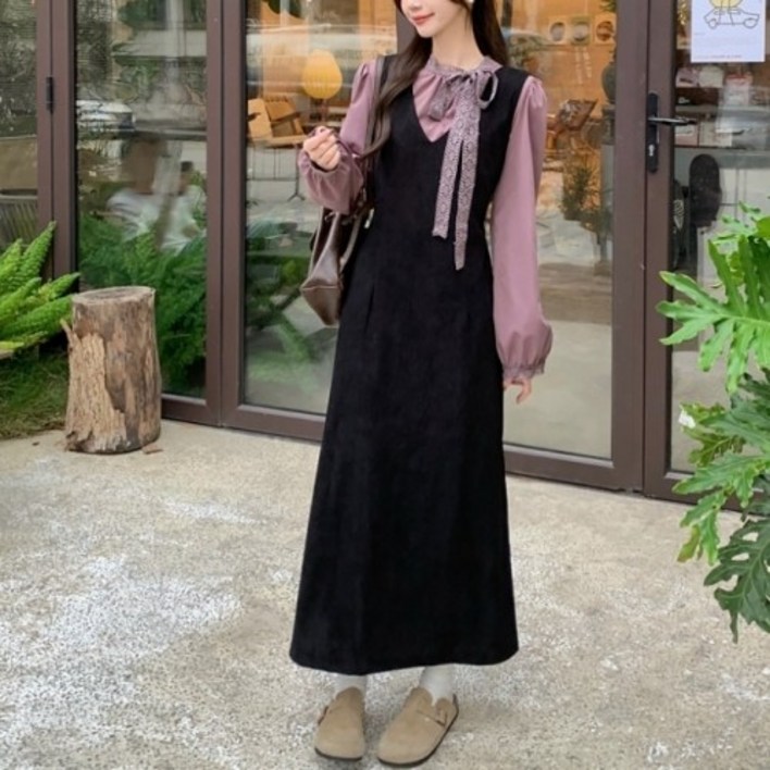 여성 코듀로이 뷔스티에 원피스 / 스트링 허리조절 레이어드 롱 원피스