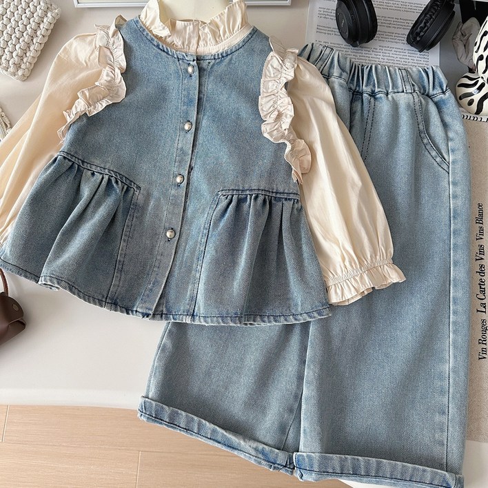 블링래빗 여아용 프릴 청 조끼  셔츠  팬츠 3종 세트 110140 키즈 주니어 봄가을 상하복