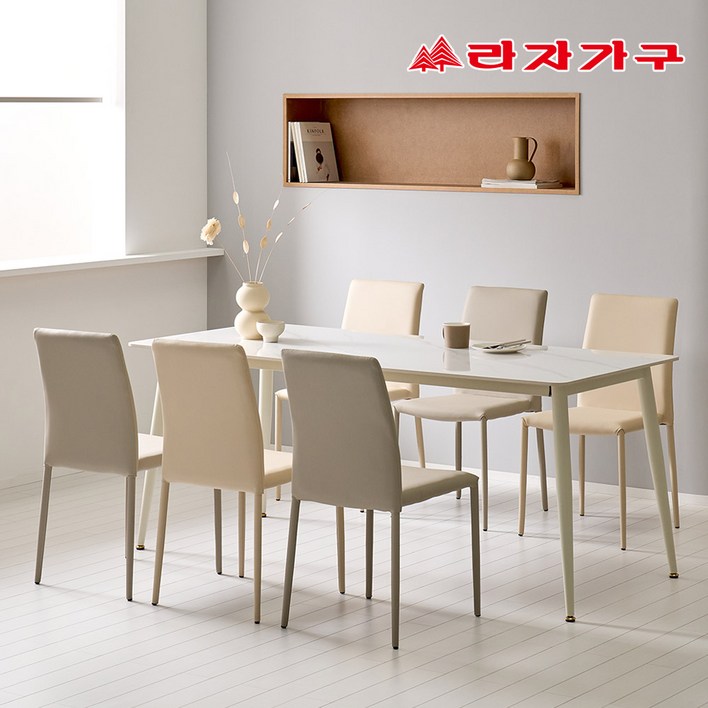 라자가구 파비오 12T 포세린 세라믹 6인용 식탁 의자6개 세트, 화이트상판/화이트프레임